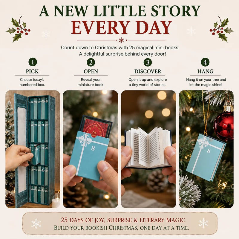Four step photographs showing a hand pulling a numbered spine from the open case, a wrapped book with a ribbon being lifted out, the book opened to its printed pages, and the same book hanging on a Christmas tree