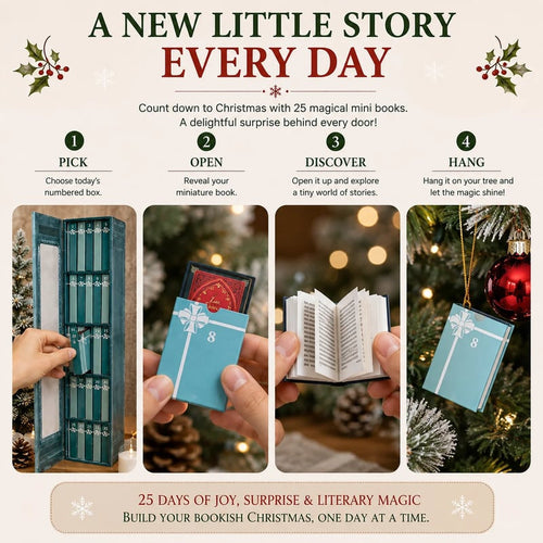 Four step photographs showing a hand pulling a numbered spine from the open case, a wrapped book with a ribbon being lifted out, the book opened to its printed pages, and the same book hanging on a Christmas tree