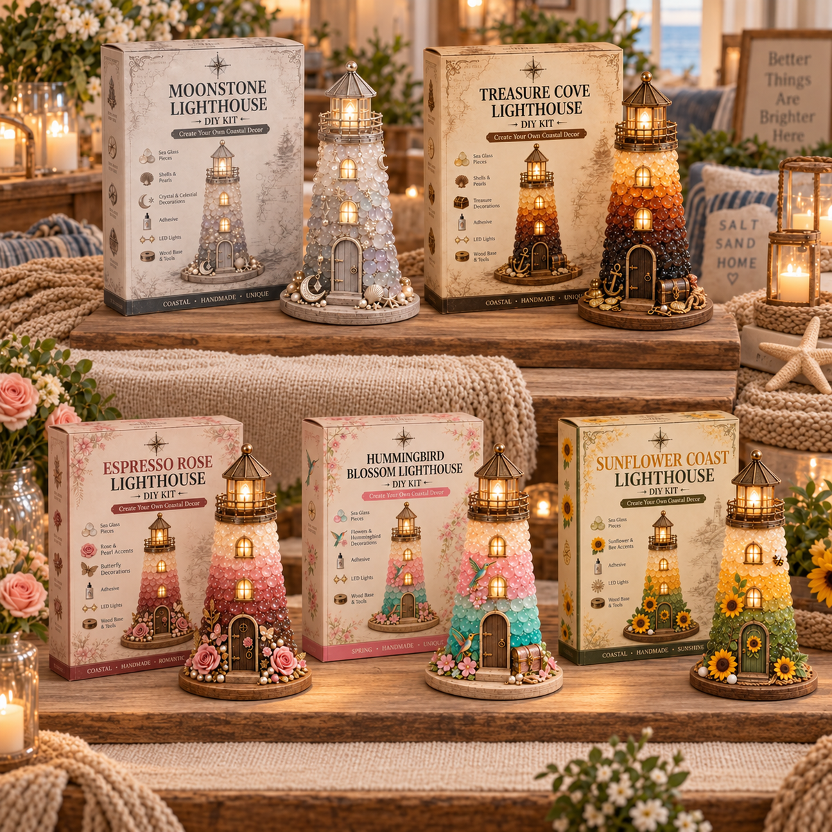 🌸Garden Series DIY Sea Glass Lighthouse Set - Glowing Model