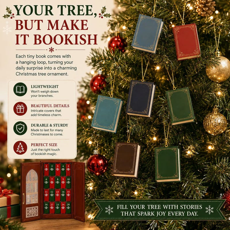 A Christmas tree hung with eight miniature books in teal, navy, burgundy, green and cream, mixed among red and gold baubles and warm string lights, with the open case on the floor below