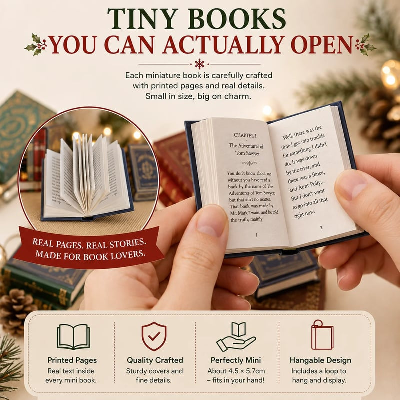 A miniature book held open at its title page for The Adventures of Tom Sawyer, with a second copy fanned open in a round inset, and four labelled detail points below