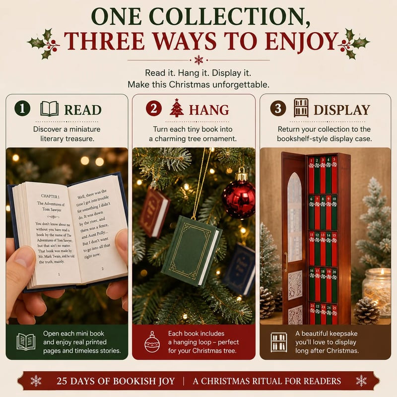 Three panels showing a miniature book read in the hand, a green mini book hanging from gold cord on a decorated tree, and the full collection returned to the open bookcase case
