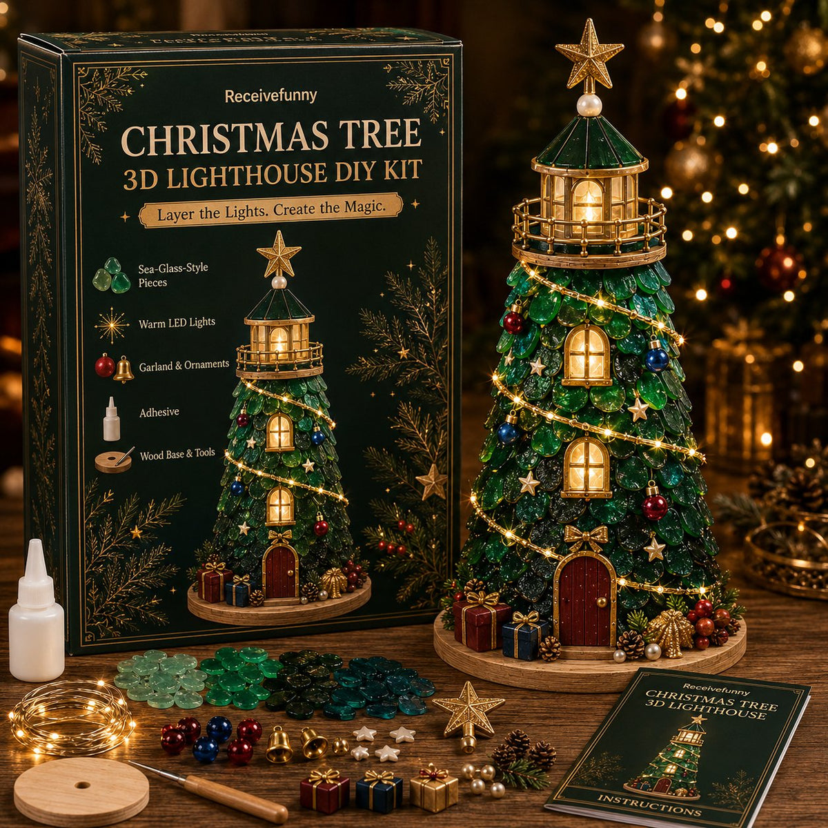 🎄Christmas Character Sea Glass-Style Lighthouse Kit Collection | Complete Kit with Sea Glass-Style Pieces, LED Lights & Step-by-Step Guide Included 💕