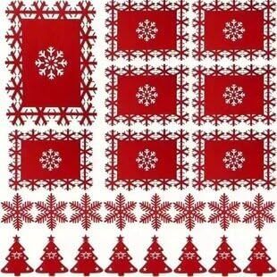 24 Pcs Red and Green Christmas Felt Place Mats and Coasters Set | Snowflake Table Mats with Laser Cut Design, Heat Resistant Non Slip Dining Table Decor for Winter Holiday Dinner Party