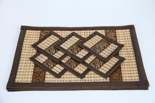 Handmade Thai Woven Straw Reed Place Mats and Coasters with Silk Elephant Design 6 Sets Gift