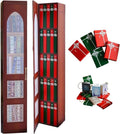The red advent calendar case standing open with twenty-five numbered book spines inside, beside a fan of wrapped miniature books and a small stack of open mini books