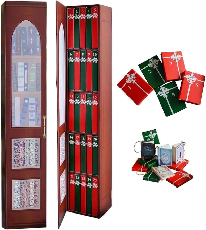 The red advent calendar case standing open with twenty-five numbered book spines inside, beside a fan of wrapped miniature books and a small stack of open mini books