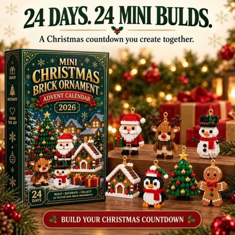 24-Day Mini Christmas Brick Ornament advent calendar 2026, 24 Unique Buildable Holiday Designs with Hanging Loops, DIY Building Set for Christmas Trees, Garlands, Mantels Festive Displays