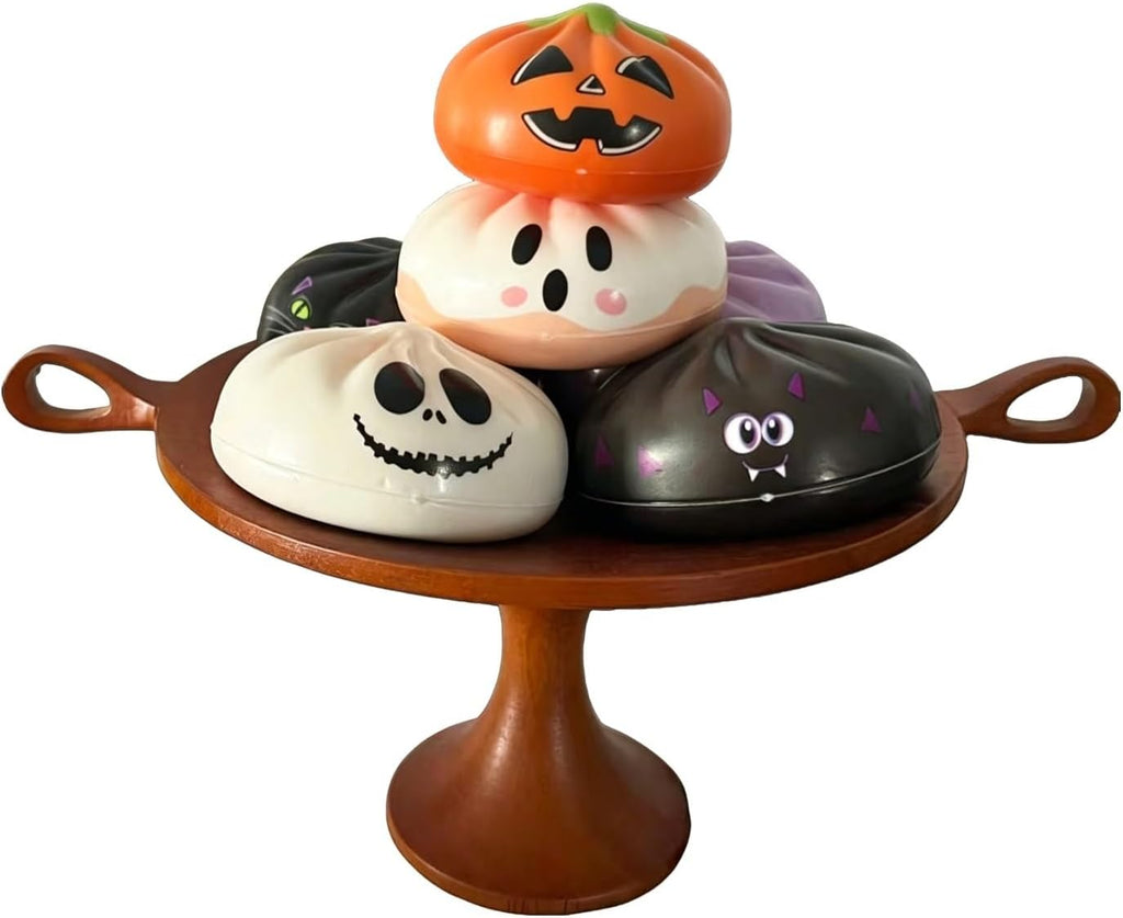 Halloween Dumpling Mystery Box 6 Pcs Tabletop Decor Set | Pumpkin Ghost Cat Skull Designs, Soft PU Material, Steamer Basket Display, Collectible Ornament