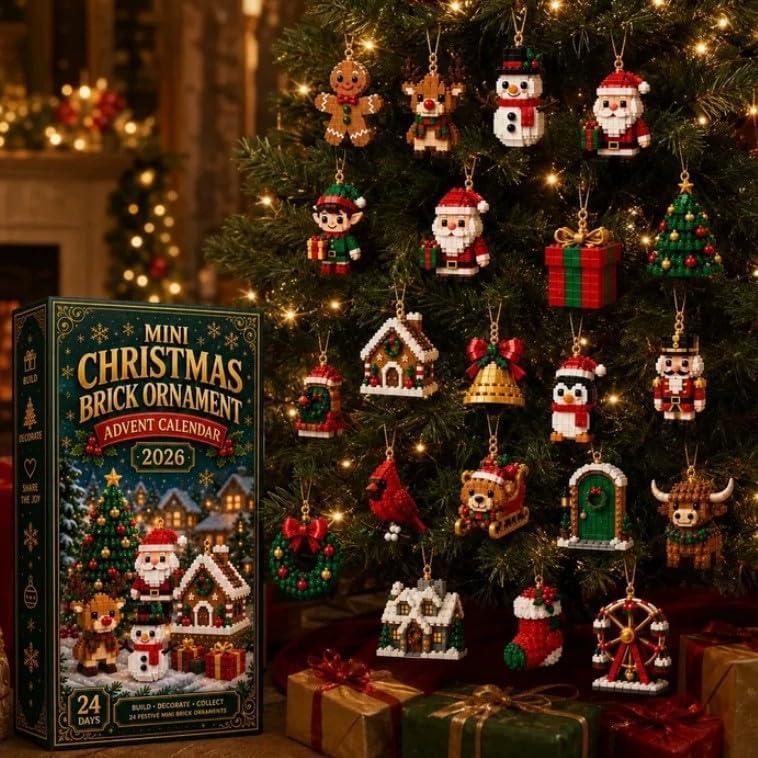 24-Day Mini Christmas Brick Ornament advent calendar 2026, 24 Unique Buildable Holiday Designs with Hanging Loops, DIY Building Set for Christmas Trees, Garlands, Mantels Festive Displays