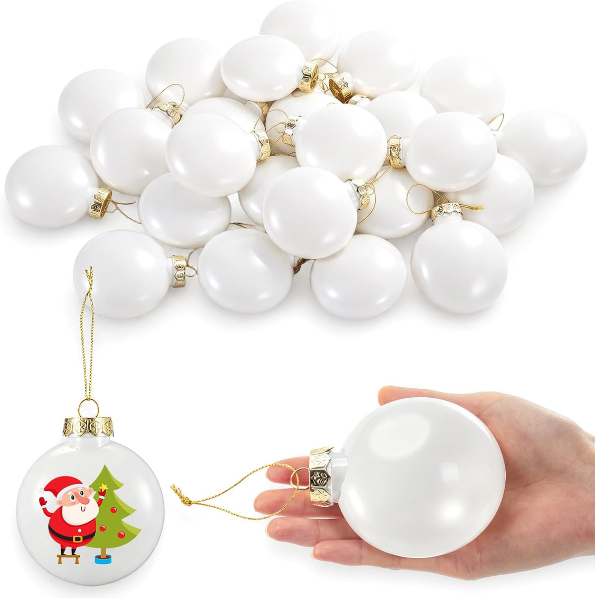 Seenelling 24 Pcs 3.15 Inch Christmas Blank Ball Ornaments, Matte Flat Disc | White Plastic Ball with Gold Caps, Smooth Surface for DIY Craft, Christmas Tree Hanging Decorations, Home Party Supplies