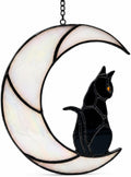 Real Stained Glass Black Cat Suncatcher | Crescent Moon, Window Hanging