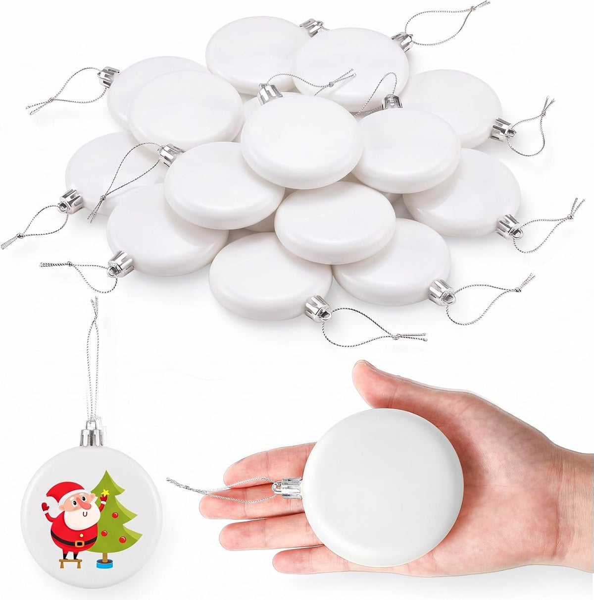 Zubebe 24 Pcs 4 Inch Christmas Blank White Ball Ornaments | White Plastic Matte Flat Discs Christmas Ornaments, Christmas Tree Hanging Ornament Decorations, DIY Crafts Painting Drawing