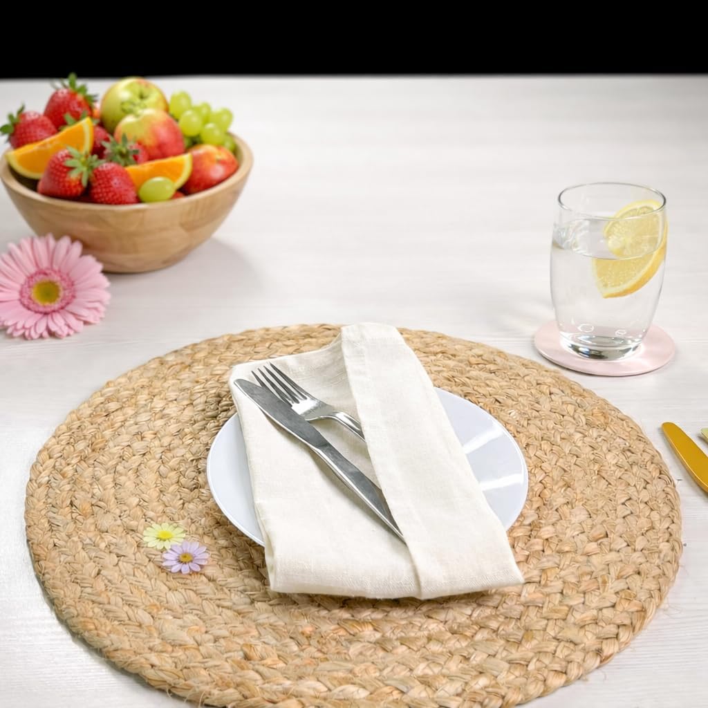 CHARDIN HOME Round Woven Jute Braided Placemats, Set of 4, 14 Inch | Farmhouse, All Natural