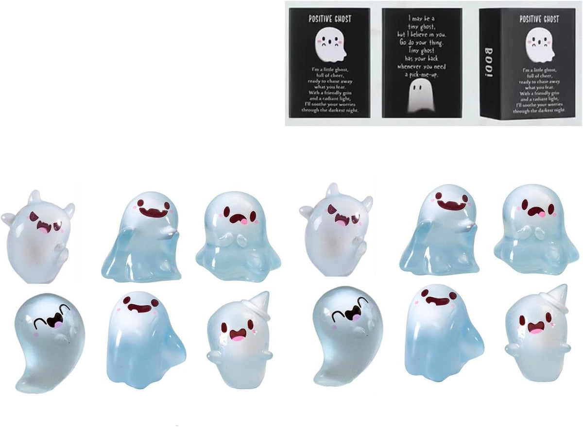 Mini Luminous Ghost Figures with Box, Mystery Glow-in-The-Dark Resin Ghosts, Fun Surprise for Halloween, Collectible Party Gift, Sturdy, Fade-Resistant, Ideal for Display and Gifting (Green 12PCS)