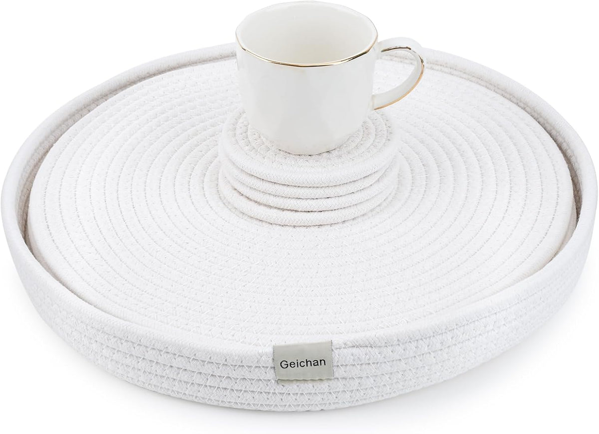 9 Piece Woven Cotton Rope Placemats, Coasters & Holder,White | 13 inch round table mats, thick woven cotton rope, machine washable,natural heat resistant place mats, storage holder