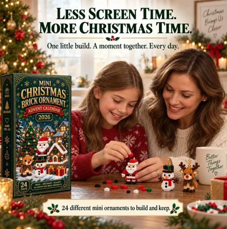 24-Day Mini Christmas Brick Ornament advent calendar 2026, 24 Unique Buildable Holiday Designs with Hanging Loops, DIY Building Set for Christmas Trees, Garlands, Mantels Festive Displays