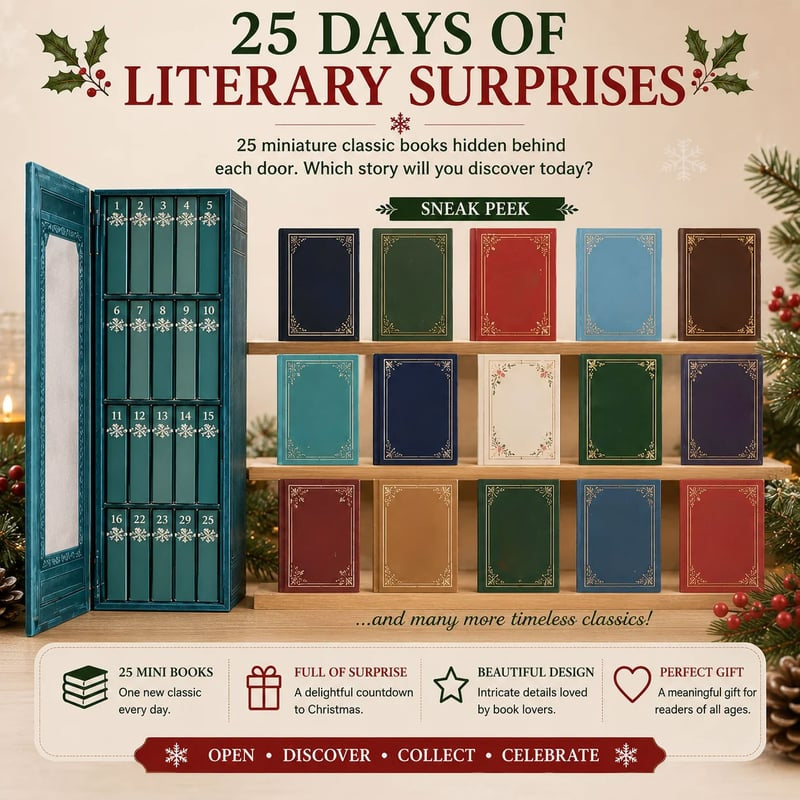 The teal case shown open beside a wooden shelf displaying fifteen miniature classic books face out in navy, green, red, blue, brown, teal and cream covers