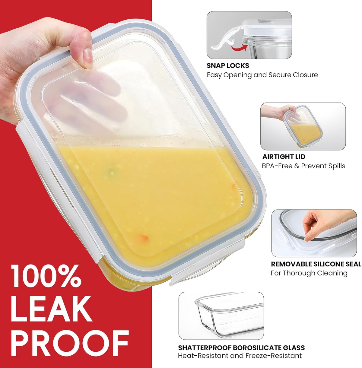 Snuvid 4 Pack 8 Cups/ 63oz Large Glass Storage Containers with Lids, Meal Prep Containers, Glass Food Storage with Airtight Lid for Baking, Leak Proof & Microwave, Oven Safe (4 Containers + 4 Lids)