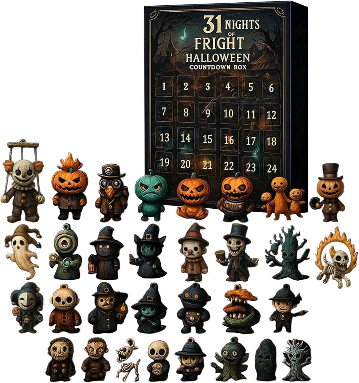 31-day Halloween countdown calendar grid horror suspense blind box gift set | 31 Grids Horror Mystery Blind Box Gift Set - 31 Unique 3D PVC Decorations for Halloween Party, Birthday, Prize, Rewards