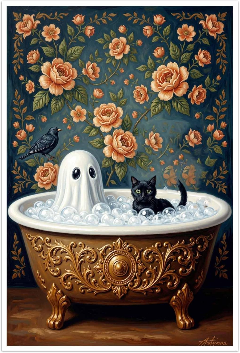 Spooky Graveyard Ghosts Wall Art Gothic Halloween Canvas Print | Eerie gothic home decor, gallery-wrapped canvas, perfect for living room, moody dark blue tone, Wrapped Canvas 12x18