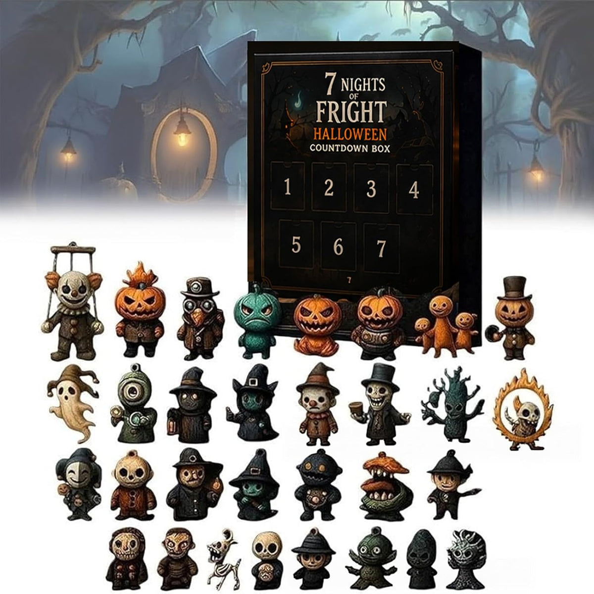 31 Nights of Fright Halloween Countdown Box, Spooky Figure Advent Calendar 15-Piece