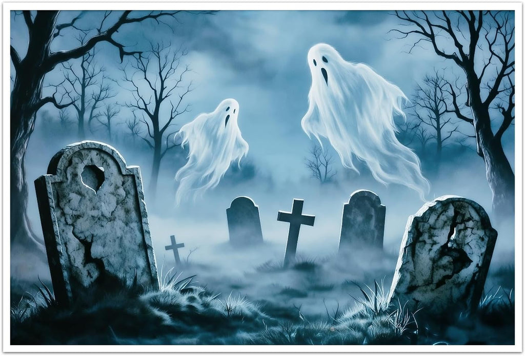 Spooky Graveyard Ghosts Wall Art Gothic Halloween Canvas Print | Eerie gothic home decor, gallery-wrapped canvas, perfect for living room, moody dark blue tone, Wrapped Canvas 12x18