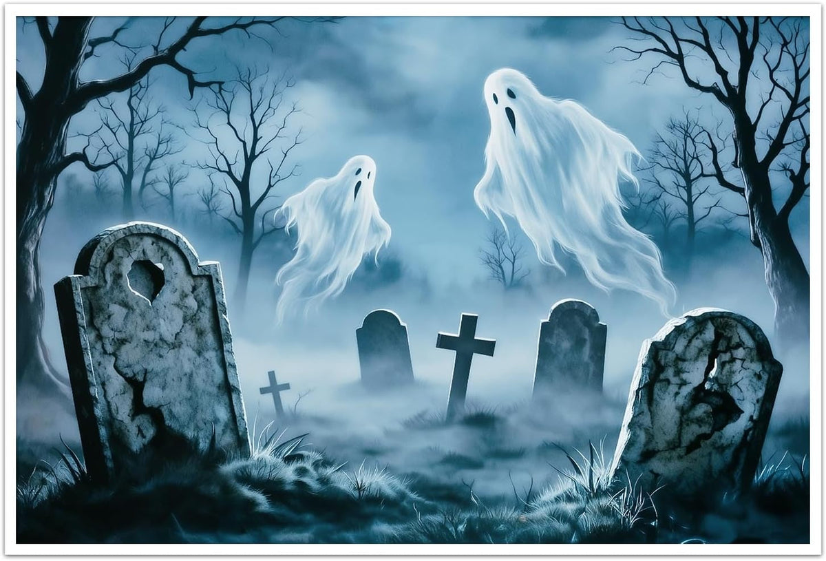 Spooky Graveyard Ghosts Wall Art Gothic Halloween Canvas Print | Eerie gothic home decor, gallery-wrapped canvas, perfect for living room, moody dark blue tone, Wrapped Canvas 12x18