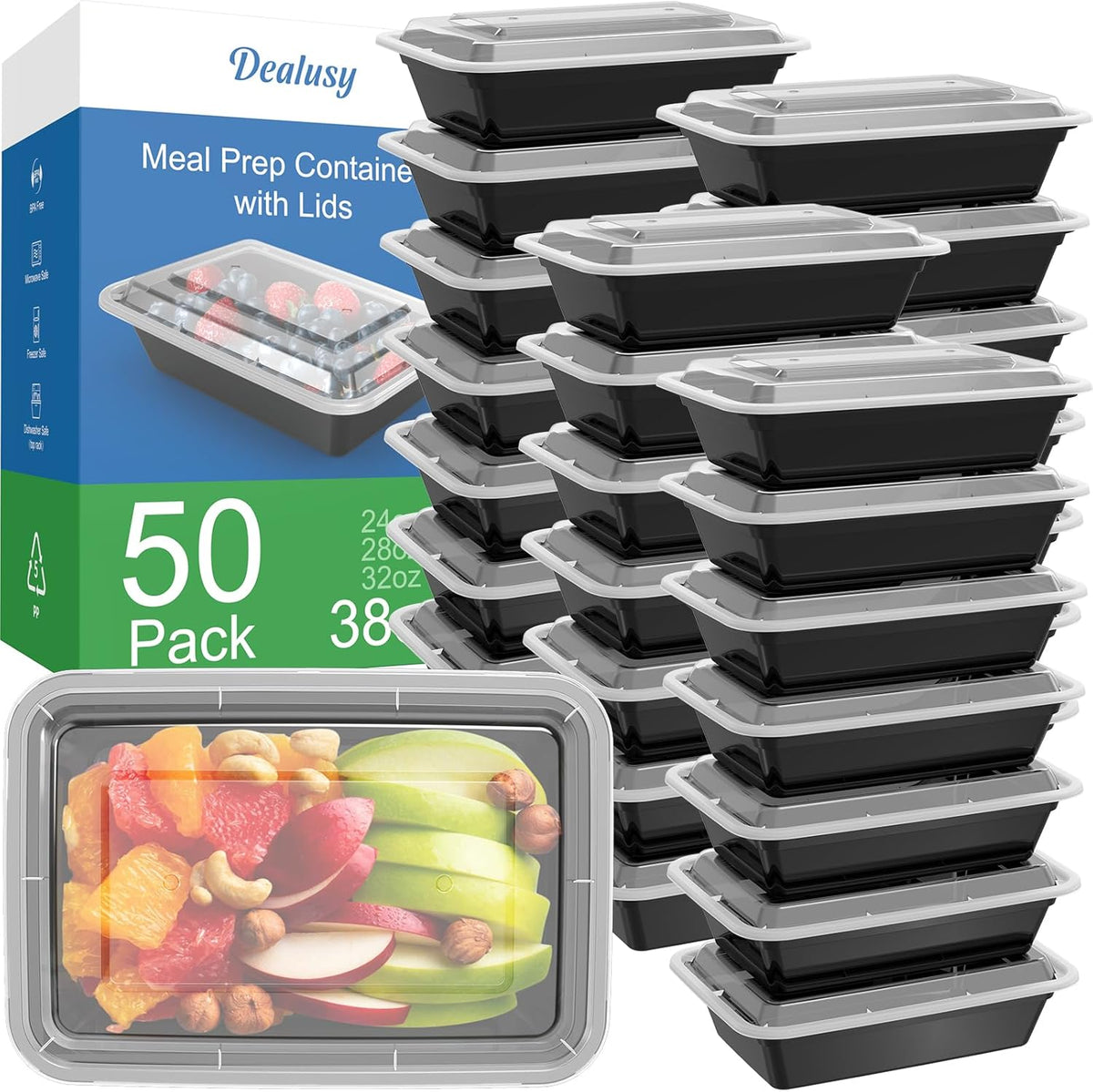 Dealusy 50 Pack (100-Piece) 24 oz Meal Prep Containers Reusable with Lids | Sturdy Leakproof & Food Safe, Microwave, Freezer, Dishwasher Safe Prep Containers, To Go Take Out Plastic Food Storage