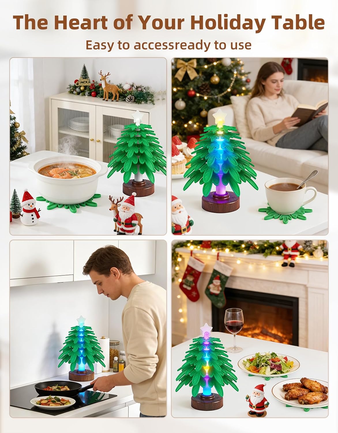 Silicone trivet tree Placemats, Tree Trivet Set-6pcs Trivets for HotDishes with Stand, Wooden-Style Tree Trivet Look, Non-Slip Washable Trivet, Trivets with RGB Light, Tree Pot Holder for Various dish