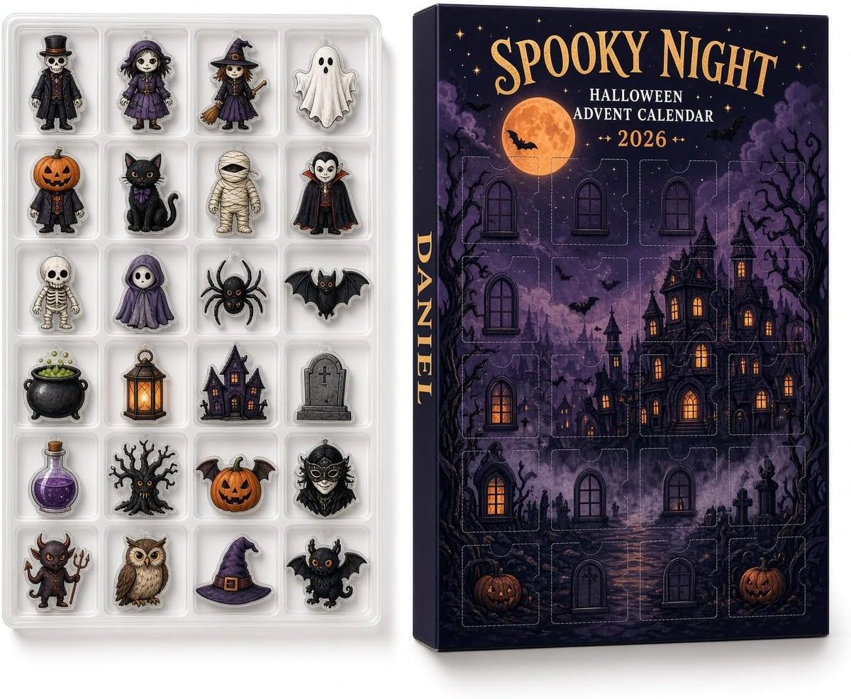 Halloween Advent Calendar 2026, Dark Goth Graveyard Countdown | 24 compartments, 3 mm acrylic or wood charms, UV printed, hanging strings, reusable countdown box