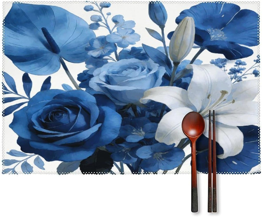 Medium Floral Blue Placemats Set of 4 Dining Table Mats