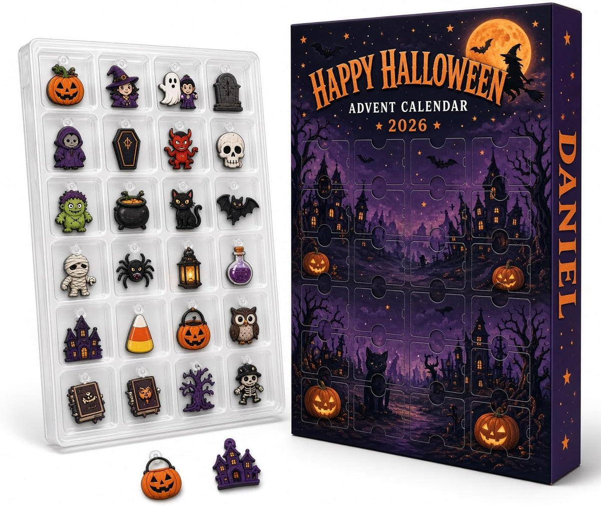 Halloween Advent Calendar 2026, Dark Goth Graveyard Countdown | 24 compartments, 3 mm acrylic or wood charms, UV printed, hanging strings, reusable countdown box