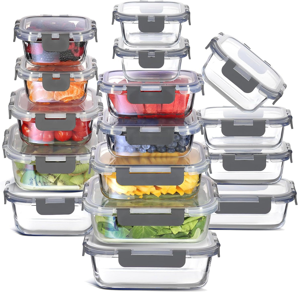EATEX 16pc Glass Storage Containers with Lids, 8 Glass Food Storage Containers with 8 Airtight Lids for Pantry & Kitchen, Meal Prep Containers for Lunch, Oven Freezer Microwave & Dishwasher Safe