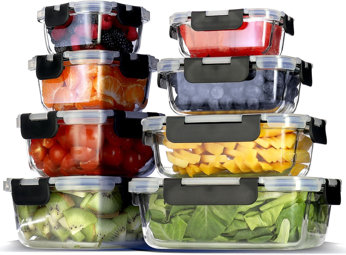 EATEX 16pc Glass Storage Containers with Lids, 8 Glass Food Storage Containers with 8 Airtight Lids for Pantry & Kitchen, Meal Prep Containers for Lunch, Oven Freezer Microwave & Dishwasher Safe