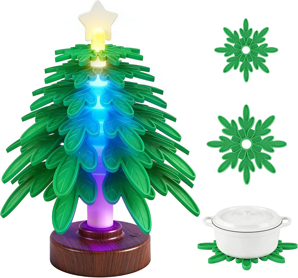 Silicone trivet tree Placemats, Tree Trivet Set-6pcs Trivets for HotDishes with Stand, Wooden-Style Tree Trivet Look, Non-Slip Washable Trivet, Trivets with RGB Light, Tree Pot Holder for Various dish