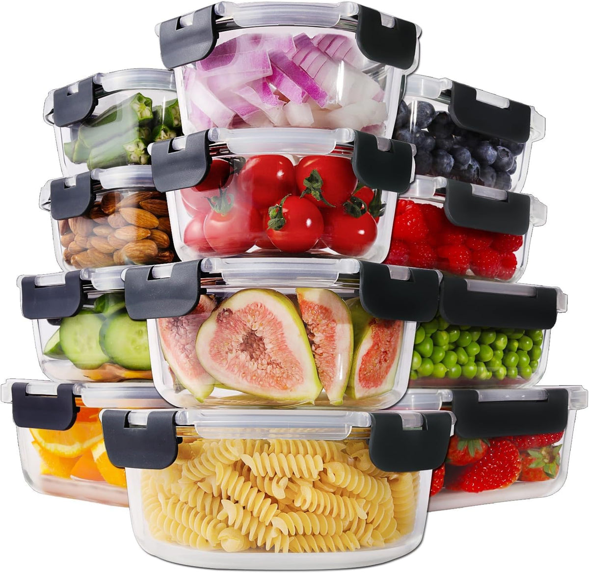 24pc Glass Food Storage Containers with Lids，Glass Meal Prep Containers | Borosilicate Glass Lunch Containers, Airtight Lunch Bento Box, BPA-Free, Dishwasher, Freezer, Oven Safe, Leak proof-Grey