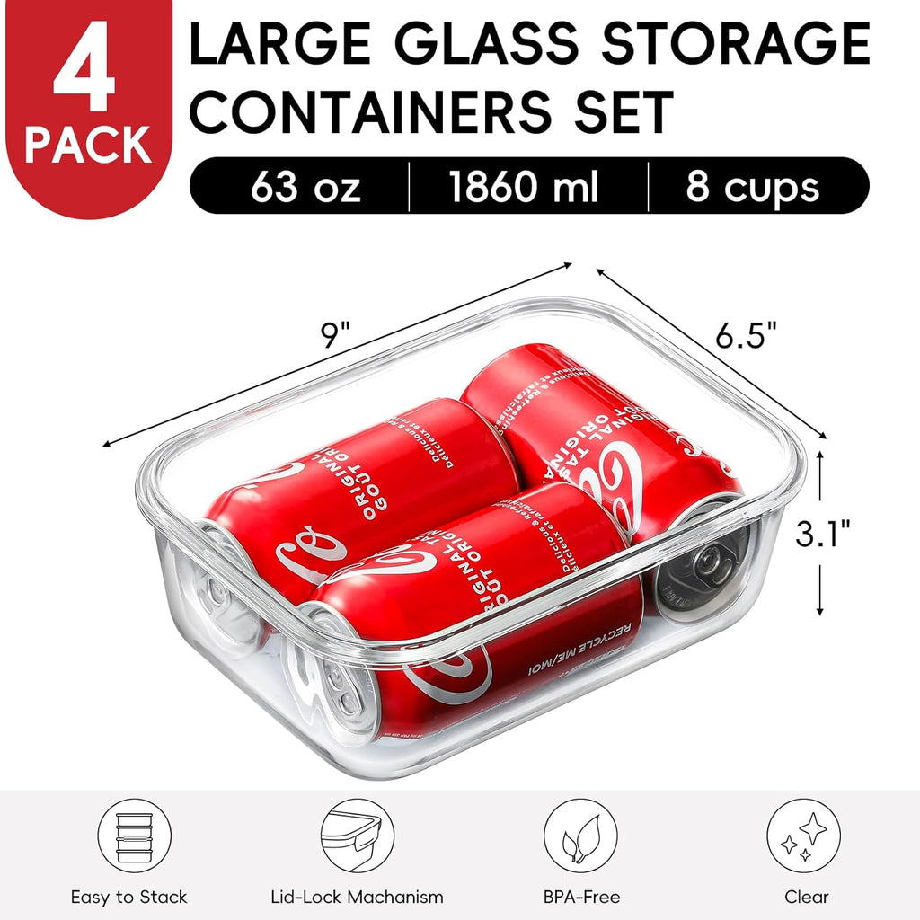 Snuvid 4 Pack 8 Cups/ 63oz Large Glass Storage Containers with Lids, Meal Prep Containers, Glass Food Storage with Airtight Lid for Baking, Leak Proof & Microwave, Oven Safe (4 Containers + 4 Lids)