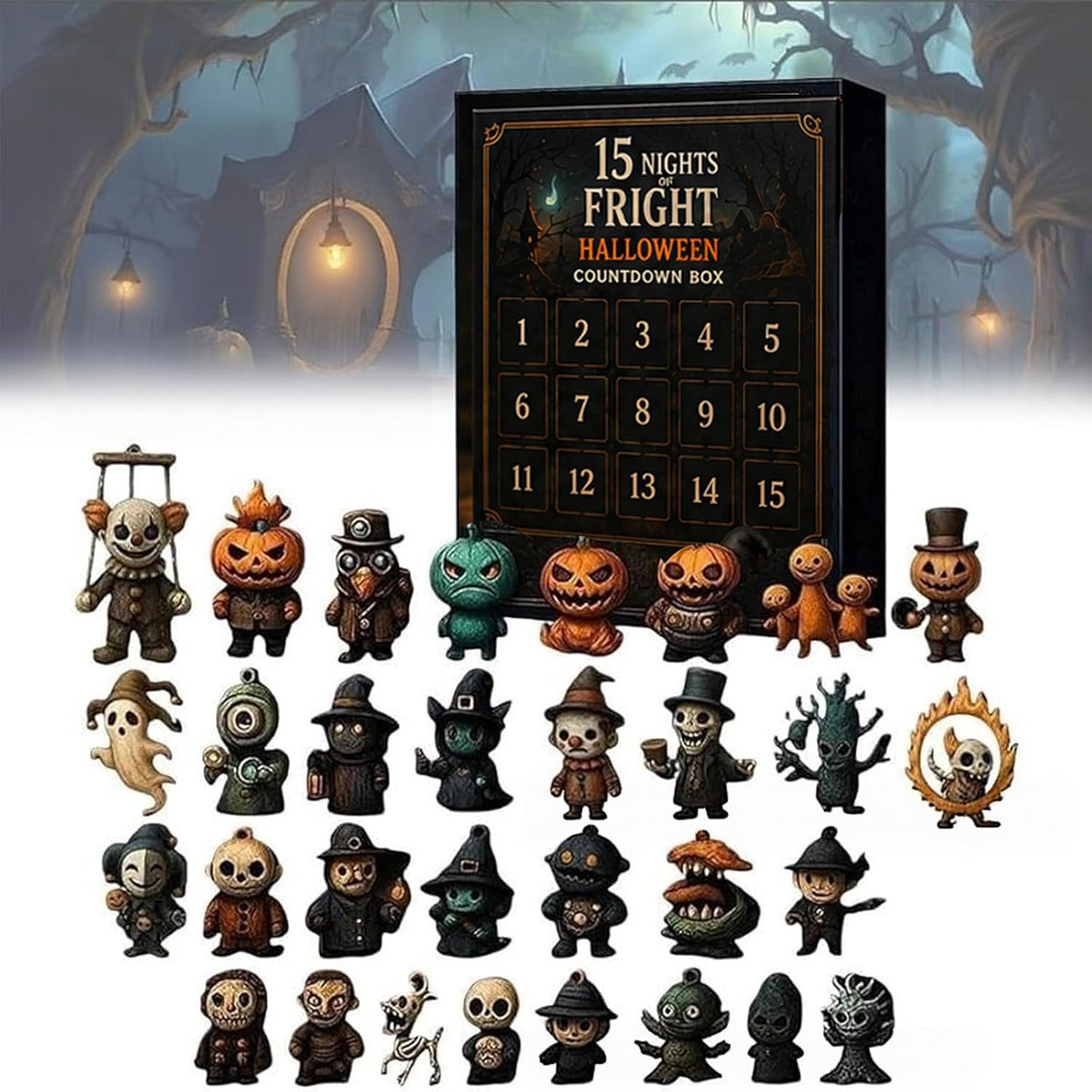 31 Nights of Fright Halloween Countdown Box, Spooky Figure Advent Calendar 15-Piece