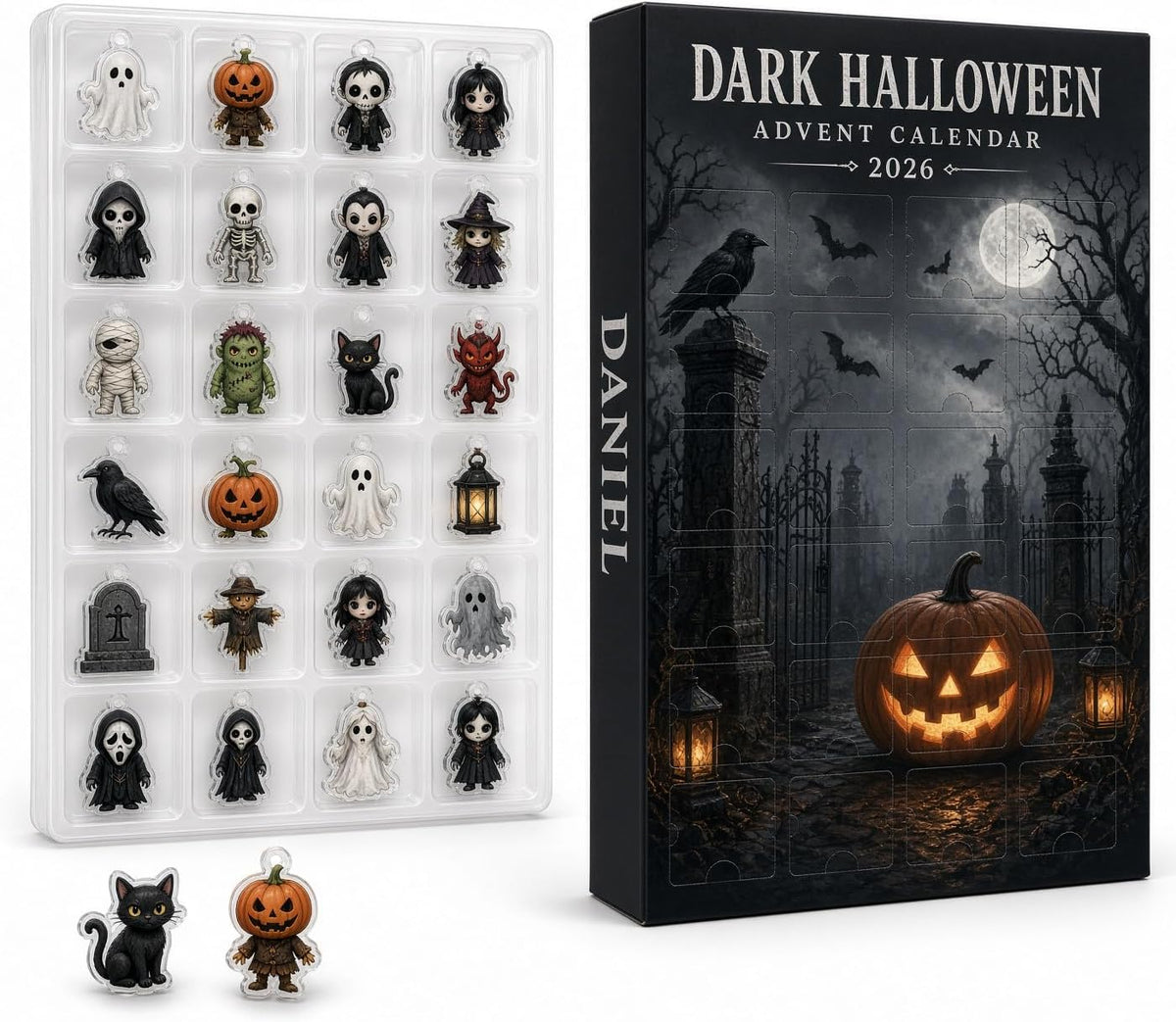 Halloween Advent Calendar 2026, Dark Goth Graveyard Countdown | 24 compartments, 3 mm acrylic or wood charms, UV printed, hanging strings, reusable countdown box