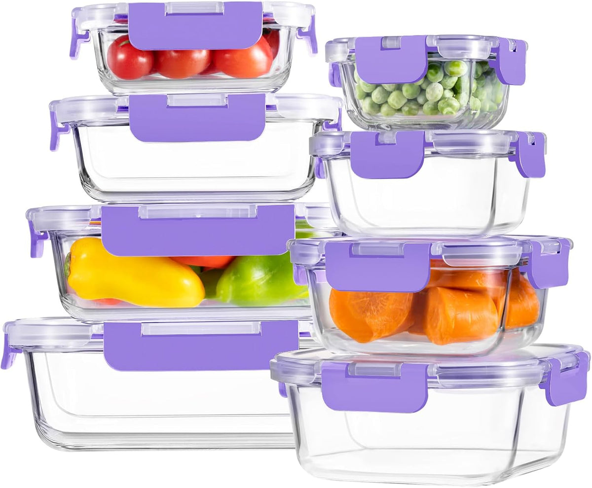 8 Pack Glass Food Storage Containers with Snap Locking Lids for Meal Prep | Borosilicate Glass Meal Prep Containers, Lunch Bento Boxes, BPA-Free, Dishwasher, Freezer, Oven Safe, Leak proof-Black
