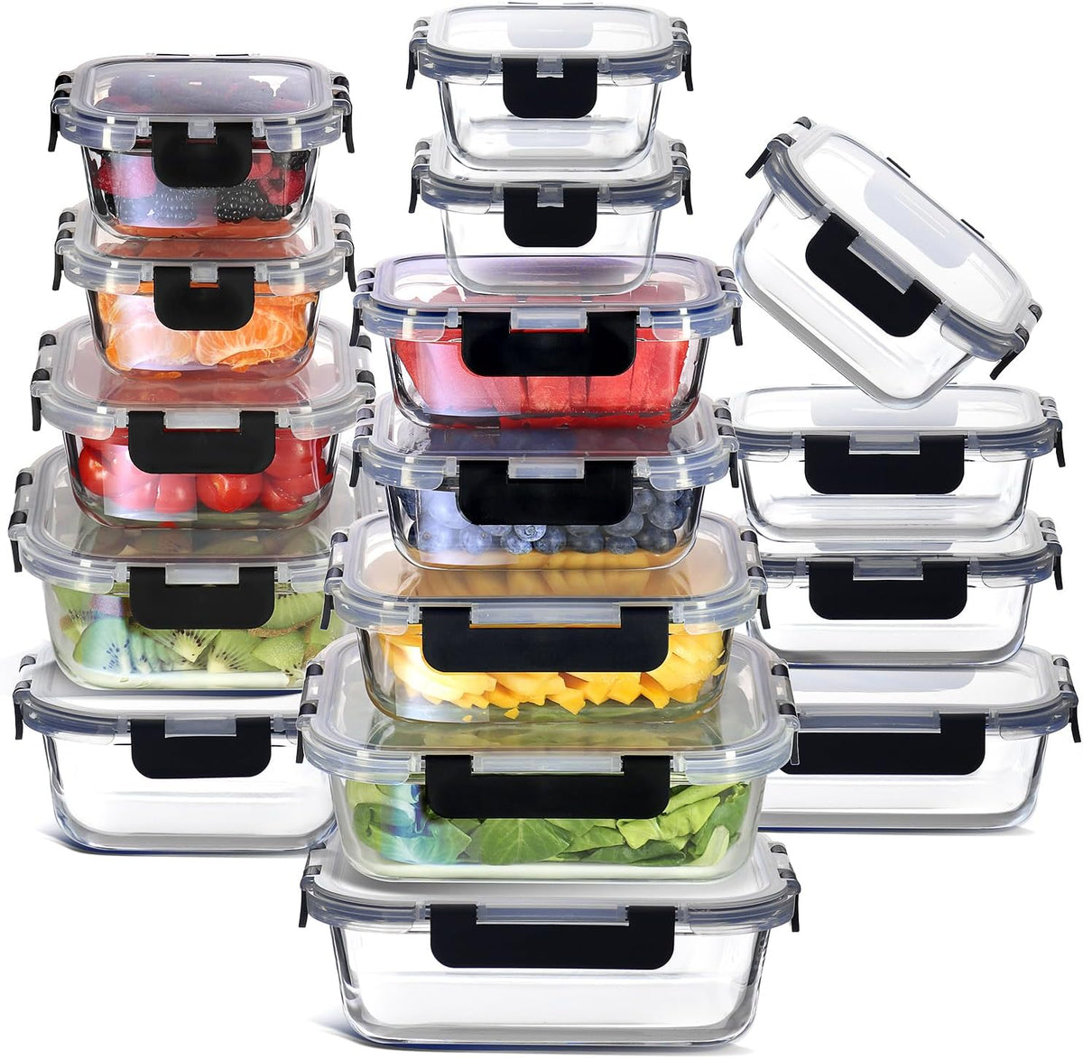 EATEX 16pc Glass Storage Containers with Lids, 8 Glass Food Storage Containers with 8 Airtight Lids for Pantry & Kitchen, Meal Prep Containers for Lunch, Oven Freezer Microwave & Dishwasher Safe