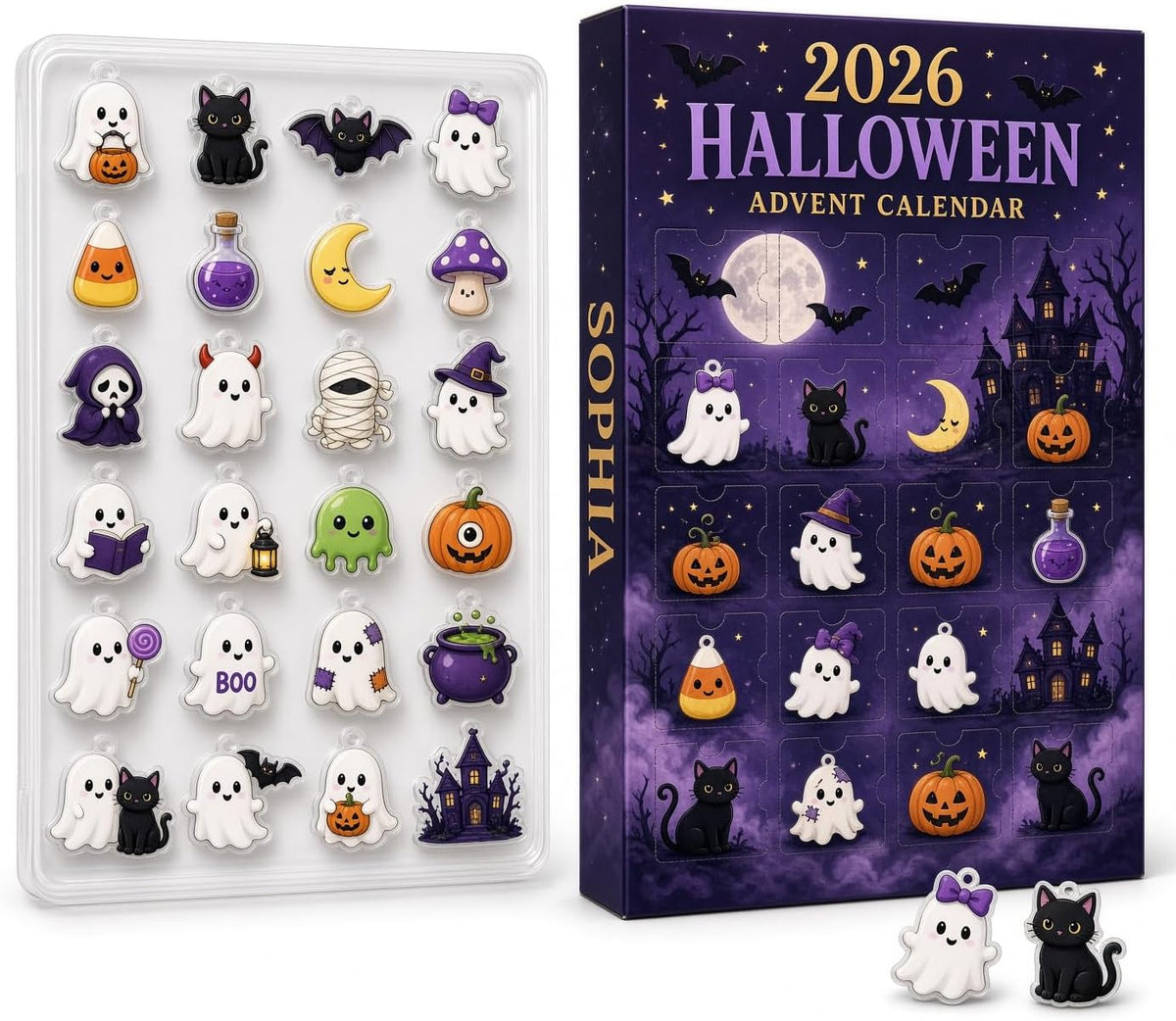 Halloween Advent Calendar 2026, Dark Goth Graveyard Countdown | 24 compartments, 3 mm acrylic or wood charms, UV printed, hanging strings, reusable countdown box
