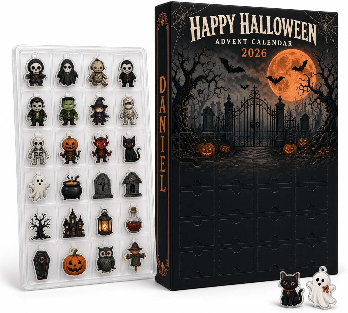 Halloween Advent Calendar 2026, Dark Goth Graveyard Countdown | 24 compartments, 3 mm acrylic or wood charms, UV printed, hanging strings, reusable countdown box
