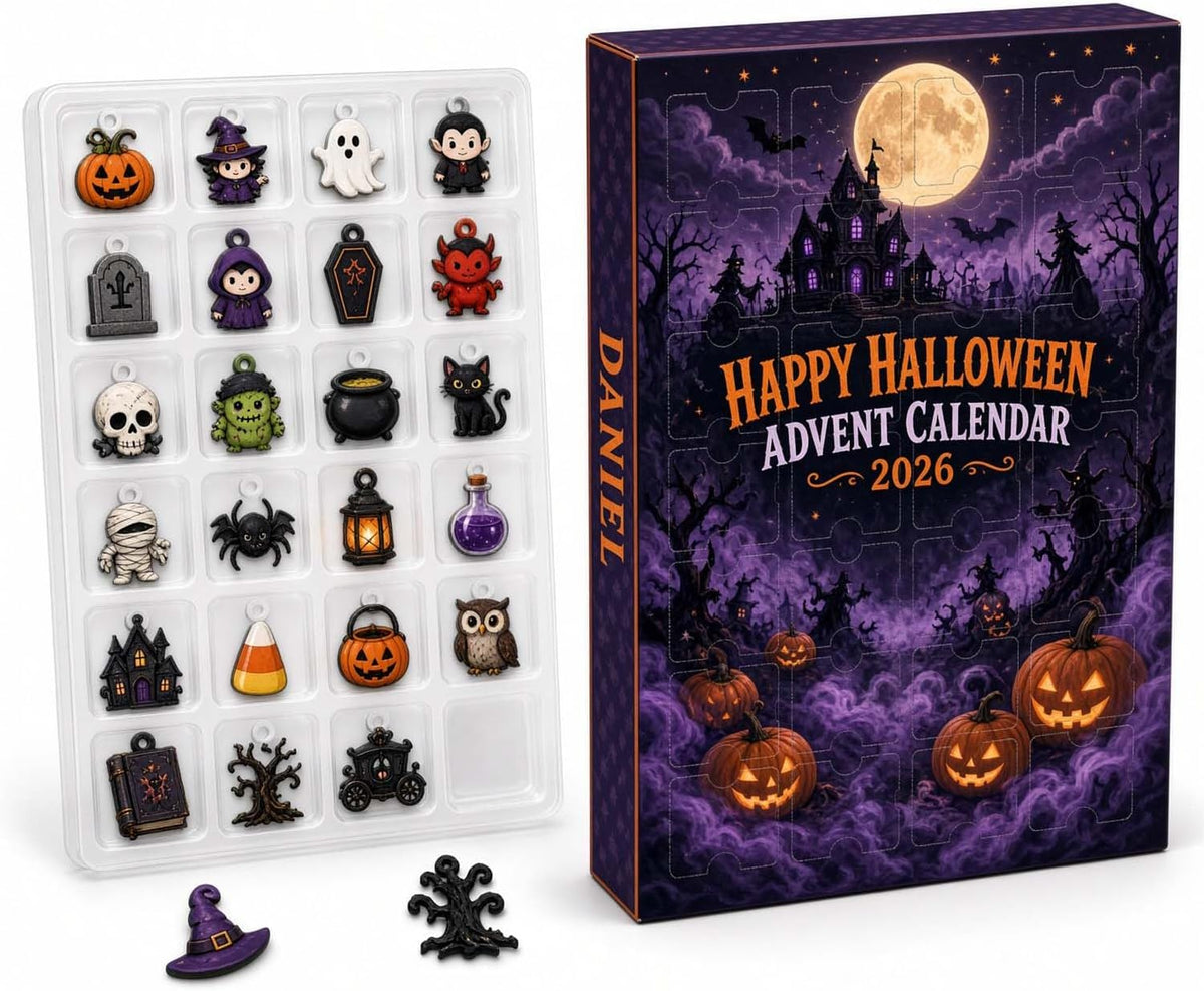 Halloween Advent Calendar 2026, Dark Goth Graveyard Countdown | 24 compartments, 3 mm acrylic or wood charms, UV printed, hanging strings, reusable countdown box