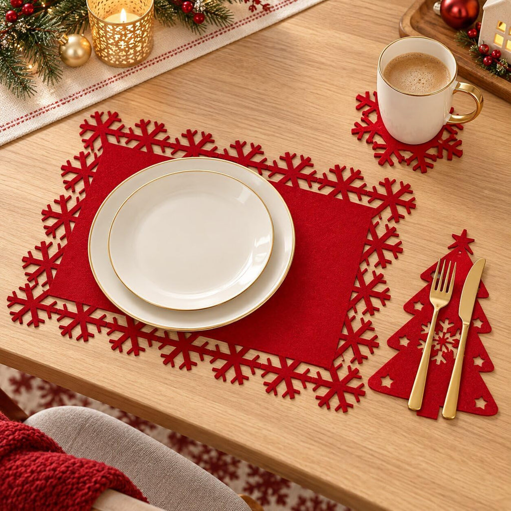 24 Pcs Red and Green Christmas Felt Place Mats and Coasters Set | Snowflake Table Mats with Laser Cut Design, Heat Resistant Non Slip Dining Table Decor for Winter Holiday Dinner Party