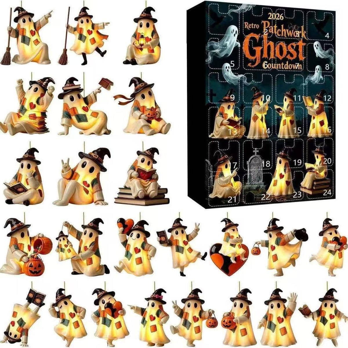 2026 Halloween 24 Days Spooky Countdown Blind Box, 24 Nights of Fright Mini Collectible Figurines, Halloween Desktop Decor Ornament Gift Box (f)