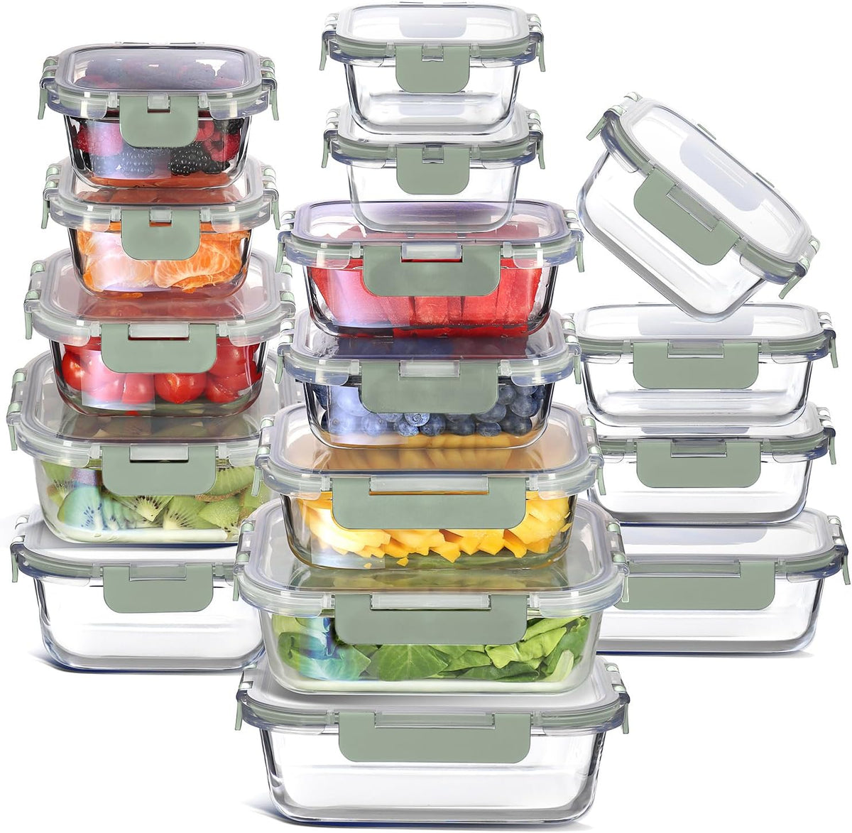 EATEX 16pc Glass Storage Containers with Lids, 8 Glass Food Storage Containers with 8 Airtight Lids for Pantry & Kitchen, Meal Prep Containers for Lunch, Oven Freezer Microwave & Dishwasher Safe