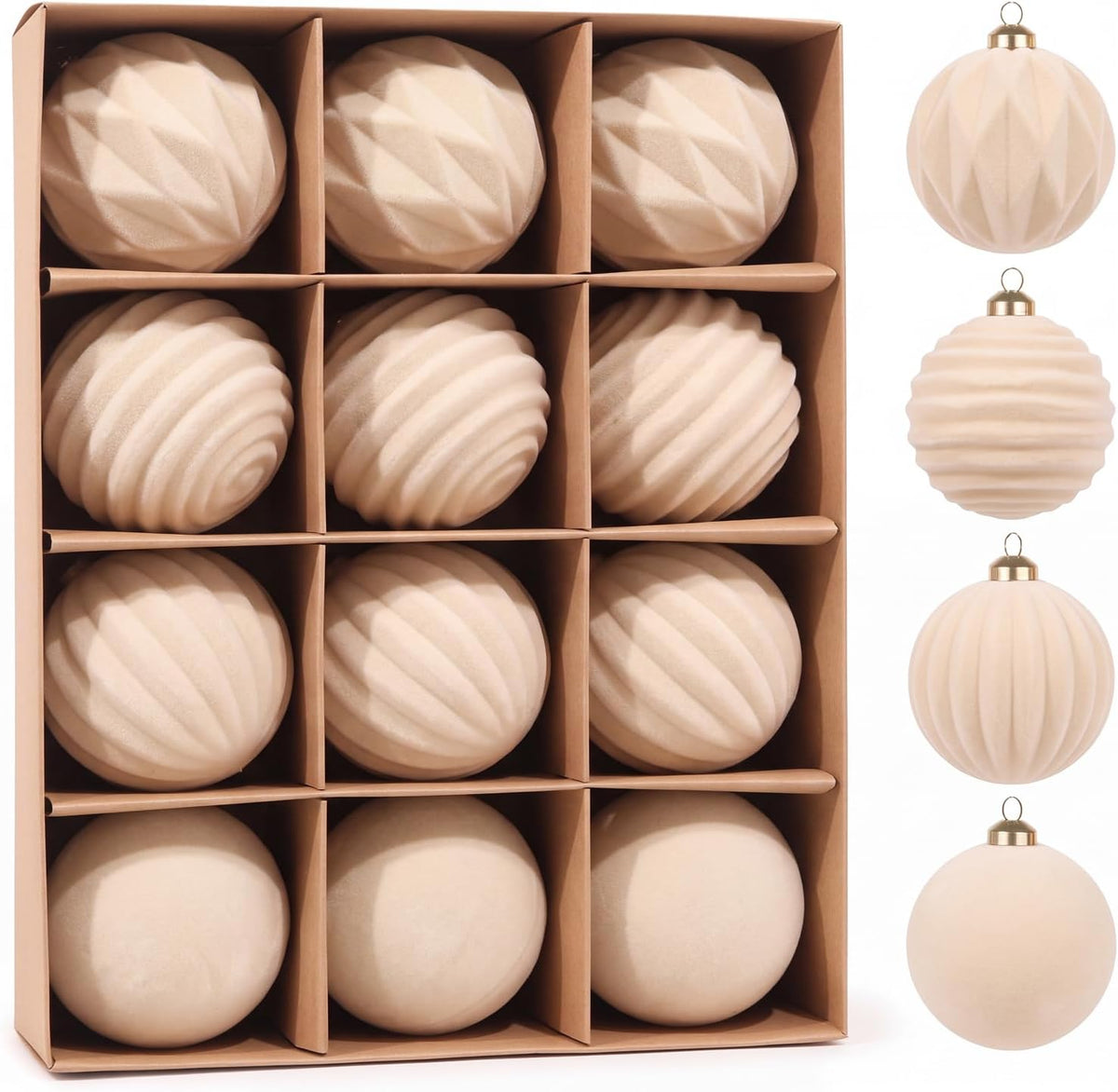 Christmas Ornaments Set Beige Velvet 3.15 in Decorative Balls | Flocked Shatterproof Christmas Tree Balls with Hanging Strings Vintage Christmas Decor for Holiday/Home/Tree(12pcs)