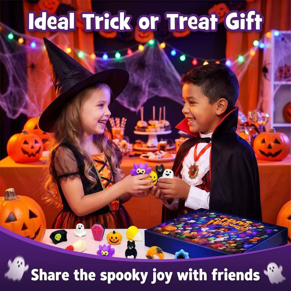 Halloween Advent Calendar 2026 – 24 Days Crunchy Squishy Countdown, Non Candy Trick or Treat Prizes, with Cute Spooky Designs like Pumpkins, Ghosts, Bats. Mystery Holiday Gift Box （random color）
